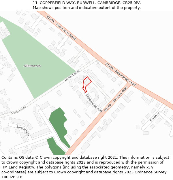 11, COPPERFIELD WAY, BURWELL, CAMBRIDGE, CB25 0PA: Location map and indicative extent of plot