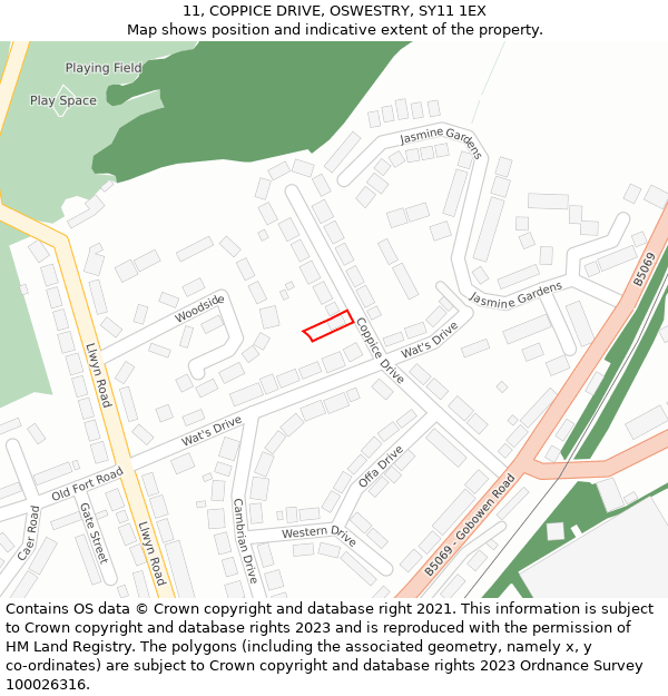 11, COPPICE DRIVE, OSWESTRY, SY11 1EX: Location map and indicative extent of plot