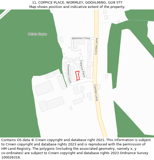11, COPPICE PLACE, WORMLEY, GODALMING, GU8 5TY: Location map and indicative extent of plot