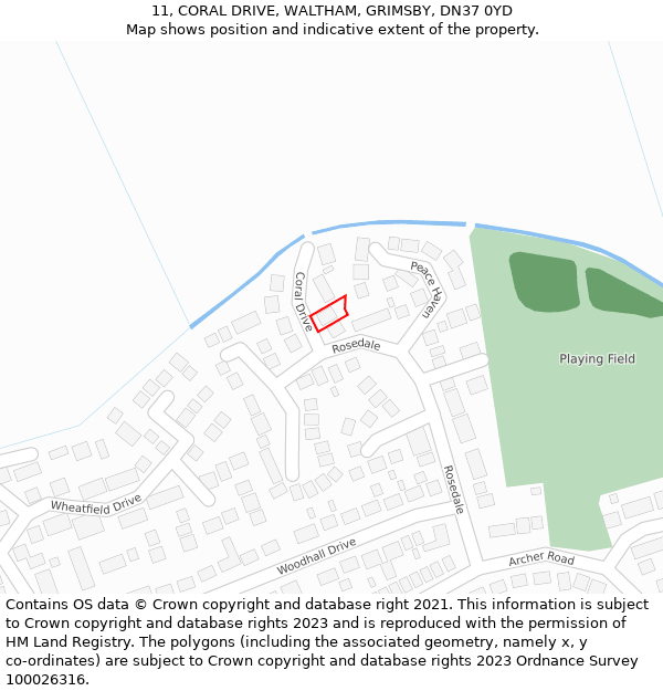 11, CORAL DRIVE, WALTHAM, GRIMSBY, DN37 0YD: Location map and indicative extent of plot