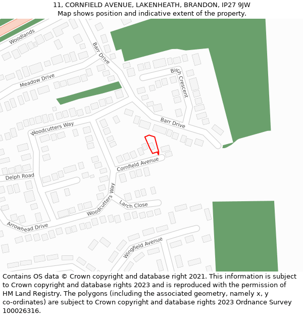 11, CORNFIELD AVENUE, LAKENHEATH, BRANDON, IP27 9JW: Location map and indicative extent of plot