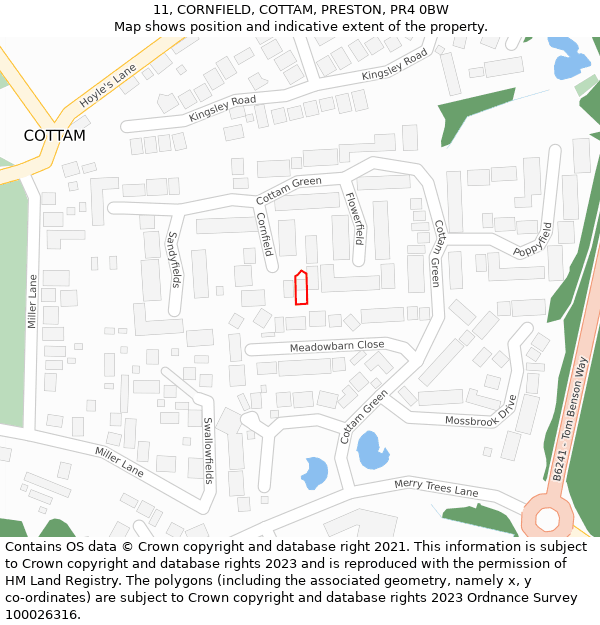 11, CORNFIELD, COTTAM, PRESTON, PR4 0BW: Location map and indicative extent of plot