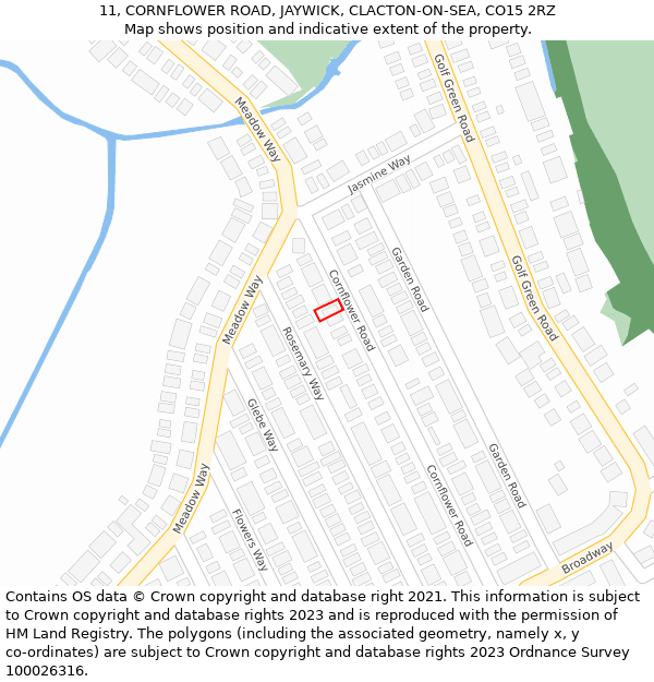 11, CORNFLOWER ROAD, JAYWICK, CLACTON-ON-SEA, CO15 2RZ: Location map and indicative extent of plot