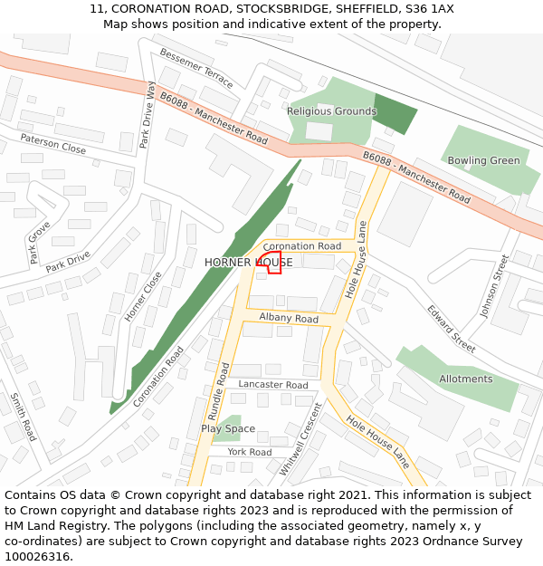 11, CORONATION ROAD, STOCKSBRIDGE, SHEFFIELD, S36 1AX: Location map and indicative extent of plot