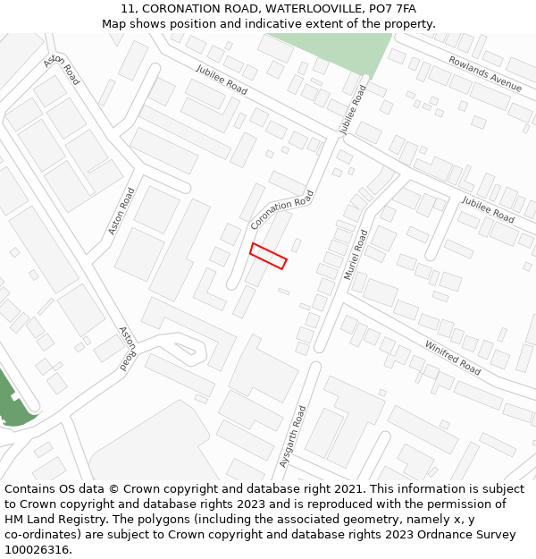 11, CORONATION ROAD, WATERLOOVILLE, PO7 7FA: Location map and indicative extent of plot
