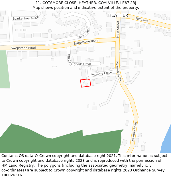 11, COTSMORE CLOSE, HEATHER, COALVILLE, LE67 2RJ: Location map and indicative extent of plot