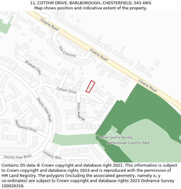 11, COTTAM DRIVE, BARLBOROUGH, CHESTERFIELD, S43 4WS: Location map and indicative extent of plot