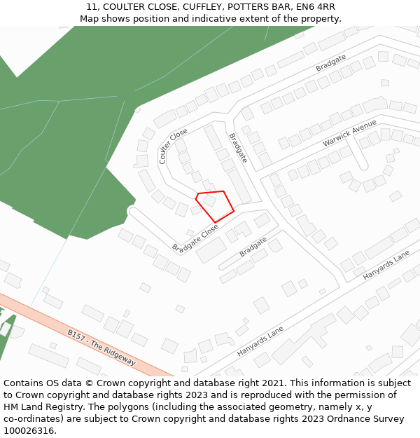 11, COULTER CLOSE, CUFFLEY, POTTERS BAR, EN6 4RR: Location map and indicative extent of plot