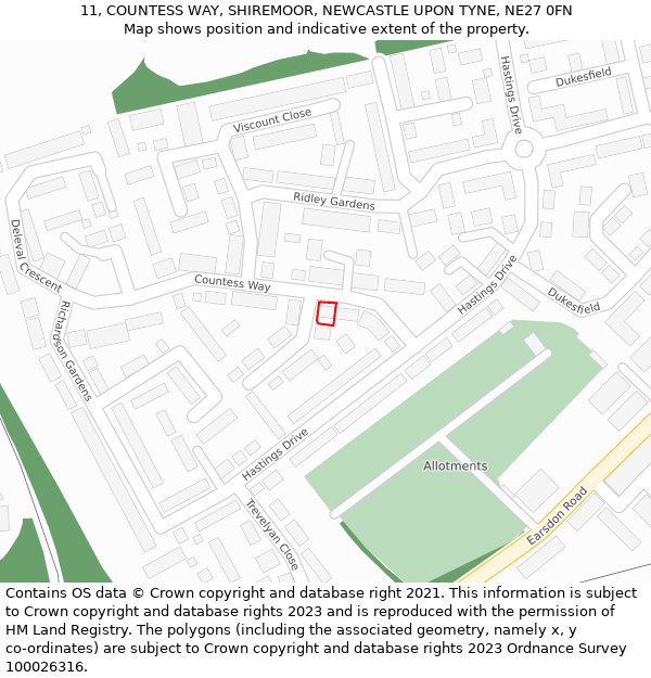 11, COUNTESS WAY, SHIREMOOR, NEWCASTLE UPON TYNE, NE27 0FN: Location map and indicative extent of plot