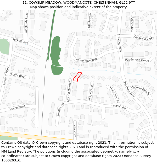 11, COWSLIP MEADOW, WOODMANCOTE, CHELTENHAM, GL52 9TT: Location map and indicative extent of plot