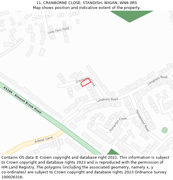 11, CRANBORNE CLOSE, STANDISH, WIGAN, WN6 0RS: Location map and indicative extent of plot