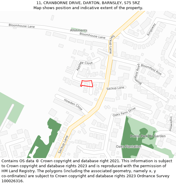 11, CRANBORNE DRIVE, DARTON, BARNSLEY, S75 5RZ: Location map and indicative extent of plot