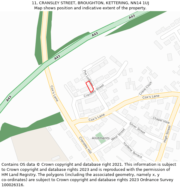 11, CRANSLEY STREET, BROUGHTON, KETTERING, NN14 1UJ: Location map and indicative extent of plot