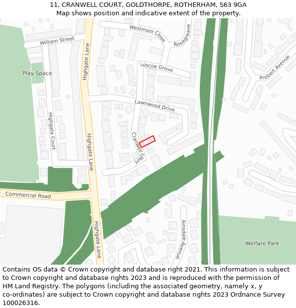 11, CRANWELL COURT, GOLDTHORPE, ROTHERHAM, S63 9GA: Location map and indicative extent of plot