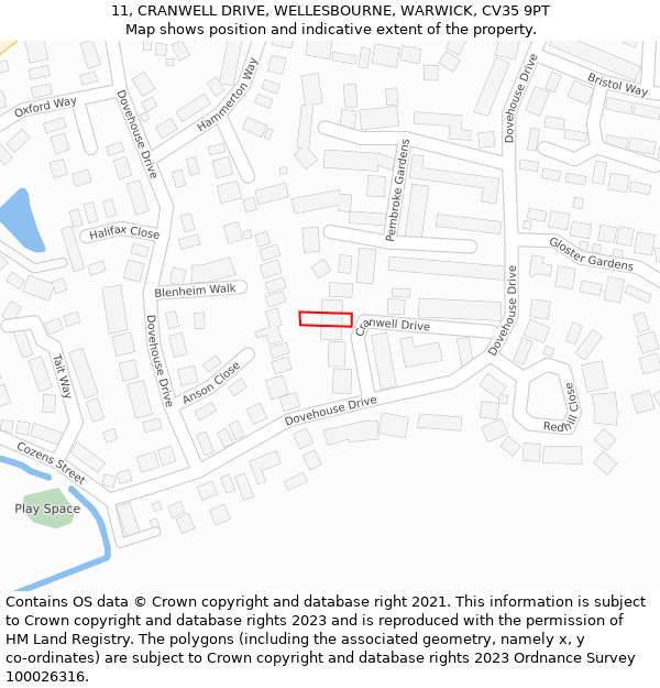 11, CRANWELL DRIVE, WELLESBOURNE, WARWICK, CV35 9PT: Location map and indicative extent of plot