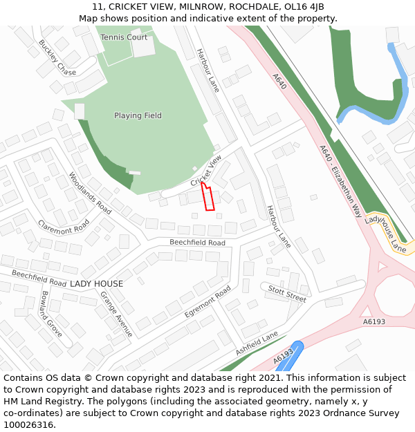 11, CRICKET VIEW, MILNROW, ROCHDALE, OL16 4JB: Location map and indicative extent of plot