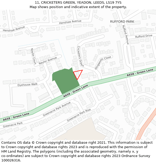 11, CRICKETERS GREEN, YEADON, LEEDS, LS19 7YS: Location map and indicative extent of plot