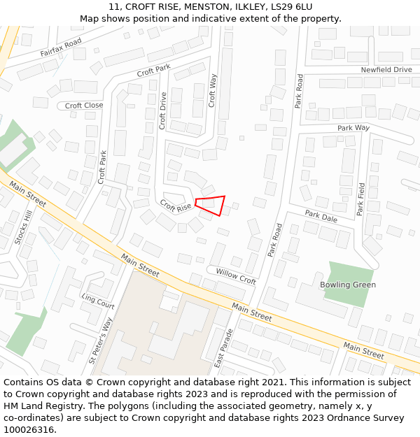 11, CROFT RISE, MENSTON, ILKLEY, LS29 6LU: Location map and indicative extent of plot