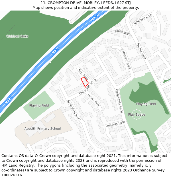 11, CROMPTON DRIVE, MORLEY, LEEDS, LS27 9TJ: Location map and indicative extent of plot