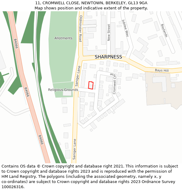 11, CROMWELL CLOSE, NEWTOWN, BERKELEY, GL13 9GA: Location map and indicative extent of plot