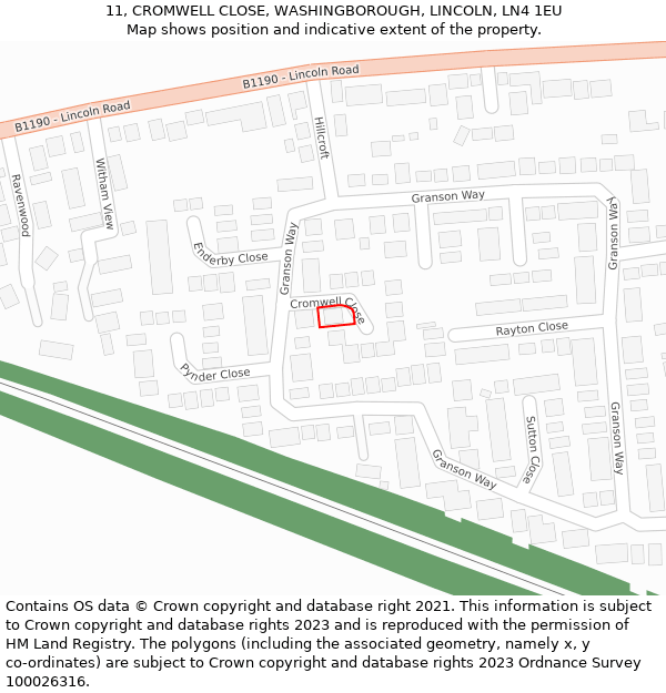 11, CROMWELL CLOSE, WASHINGBOROUGH, LINCOLN, LN4 1EU: Location map and indicative extent of plot