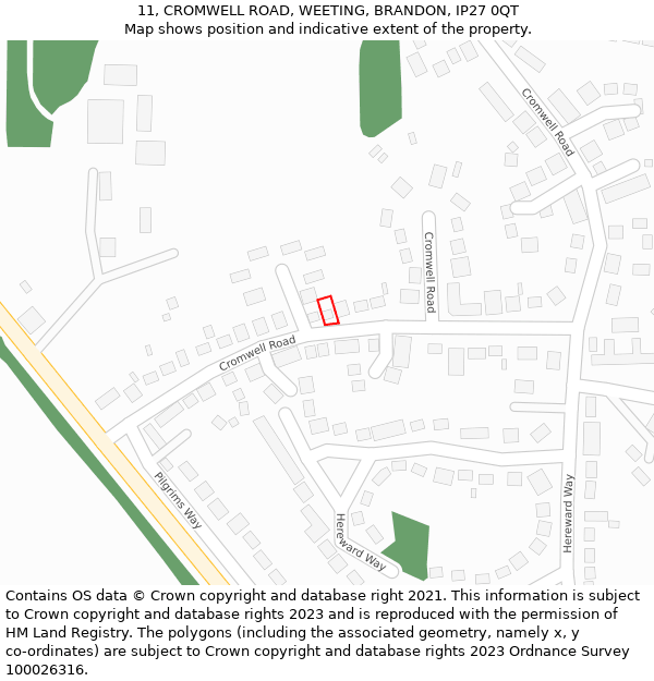 11, CROMWELL ROAD, WEETING, BRANDON, IP27 0QT: Location map and indicative extent of plot