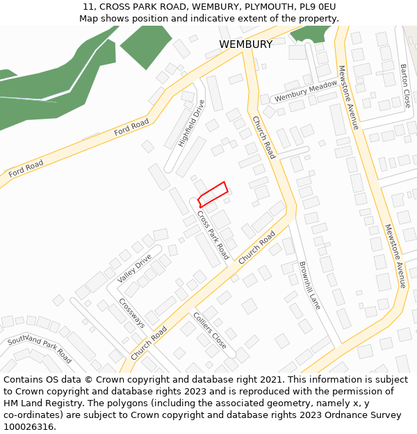 11, CROSS PARK ROAD, WEMBURY, PLYMOUTH, PL9 0EU: Location map and indicative extent of plot