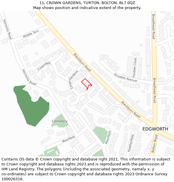 11, CROWN GARDENS, TURTON, BOLTON, BL7 0QZ: Location map and indicative extent of plot