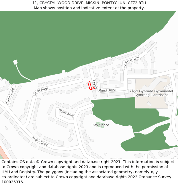 11, CRYSTAL WOOD DRIVE, MISKIN, PONTYCLUN, CF72 8TH: Location map and indicative extent of plot