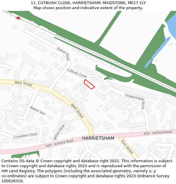 11, CUTBUSH CLOSE, HARRIETSHAM, MAIDSTONE, ME17 1LY: Location map and indicative extent of plot