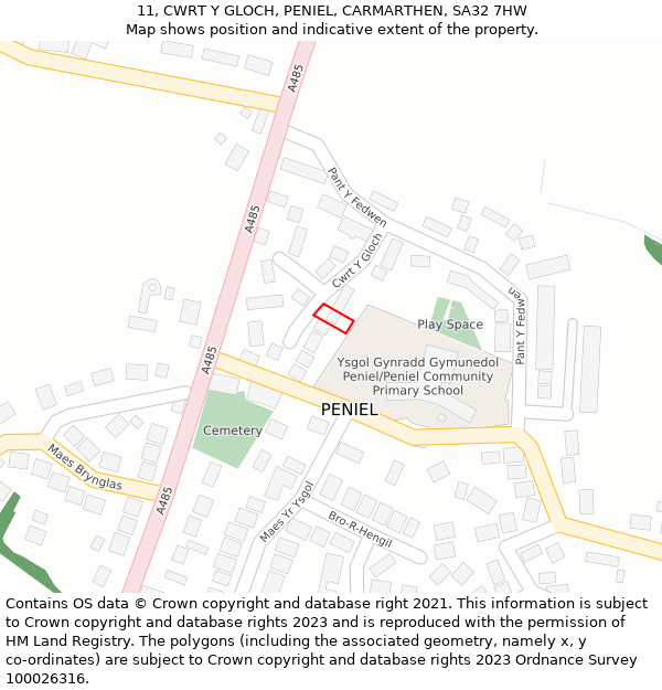 11, CWRT Y GLOCH, PENIEL, CARMARTHEN, SA32 7HW: Location map and indicative extent of plot