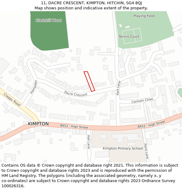 11, DACRE CRESCENT, KIMPTON, HITCHIN, SG4 8QJ: Location map and indicative extent of plot