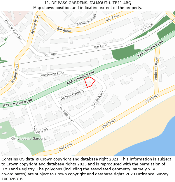 11, DE PASS GARDENS, FALMOUTH, TR11 4BQ: Location map and indicative extent of plot