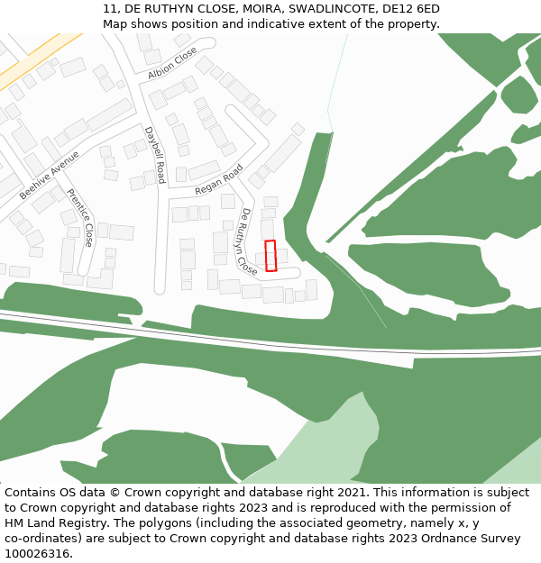 11, DE RUTHYN CLOSE, MOIRA, SWADLINCOTE, DE12 6ED: Location map and indicative extent of plot