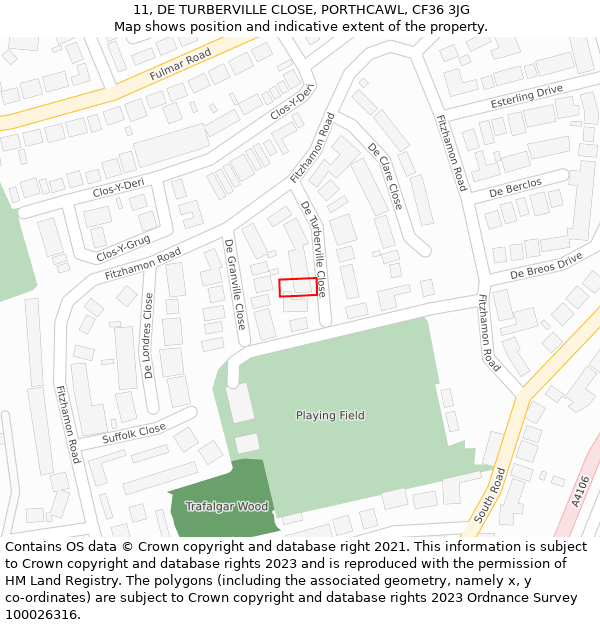 11, DE TURBERVILLE CLOSE, PORTHCAWL, CF36 3JG: Location map and indicative extent of plot