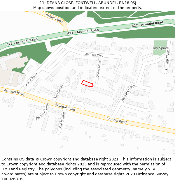 11, DEANS CLOSE, FONTWELL, ARUNDEL, BN18 0SJ: Location map and indicative extent of plot