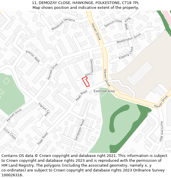 11, DEMOZAY CLOSE, HAWKINGE, FOLKESTONE, CT18 7PL: Location map and indicative extent of plot