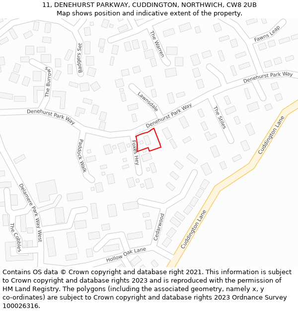 11, DENEHURST PARKWAY, CUDDINGTON, NORTHWICH, CW8 2UB: Location map and indicative extent of plot