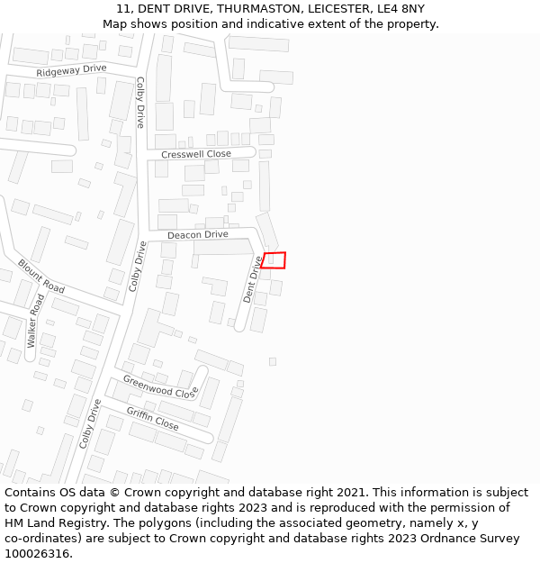 11, DENT DRIVE, THURMASTON, LEICESTER, LE4 8NY: Location map and indicative extent of plot