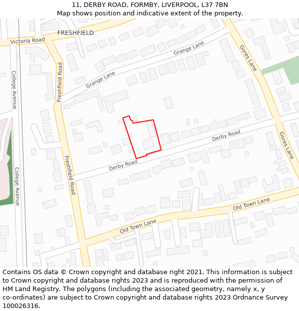 11, DERBY ROAD, FORMBY, LIVERPOOL, L37 7BN: Location map and indicative extent of plot