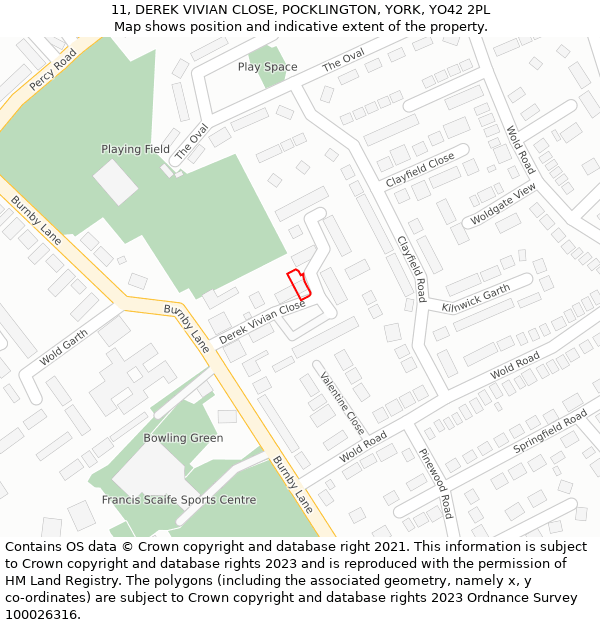 11, DEREK VIVIAN CLOSE, POCKLINGTON, YORK, YO42 2PL: Location map and indicative extent of plot