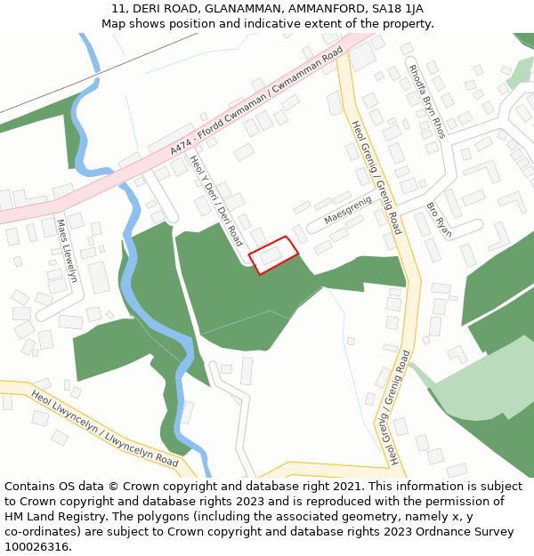 11, DERI ROAD, GLANAMMAN, AMMANFORD, SA18 1JA: Location map and indicative extent of plot
