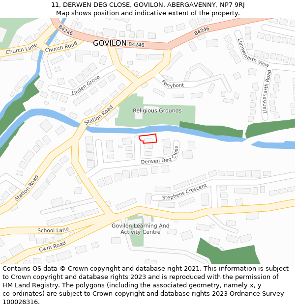 11, DERWEN DEG CLOSE, GOVILON, ABERGAVENNY, NP7 9RJ: Location map and indicative extent of plot