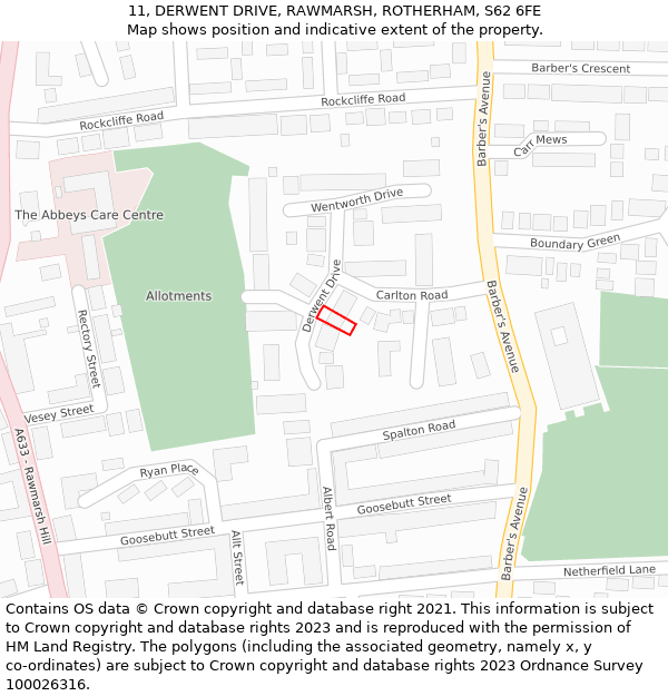 11, DERWENT DRIVE, RAWMARSH, ROTHERHAM, S62 6FE: Location map and indicative extent of plot