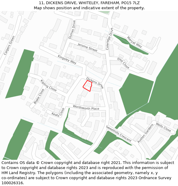 11, DICKENS DRIVE, WHITELEY, FAREHAM, PO15 7LZ: Location map and indicative extent of plot