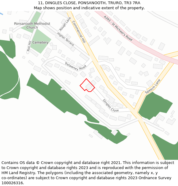 11, DINGLES CLOSE, PONSANOOTH, TRURO, TR3 7RA: Location map and indicative extent of plot