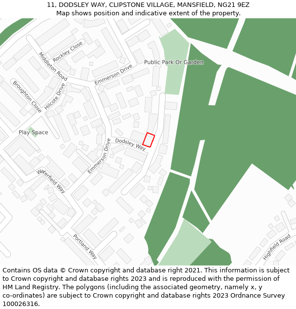 11, DODSLEY WAY, CLIPSTONE VILLAGE, MANSFIELD, NG21 9EZ: Location map and indicative extent of plot