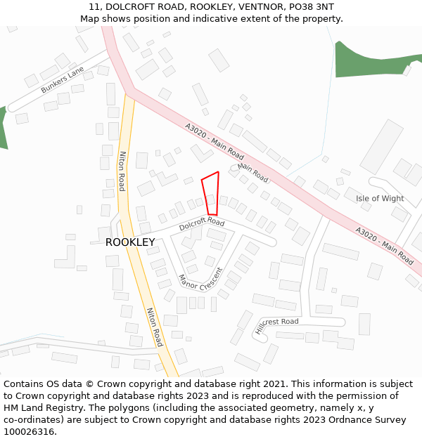 11, DOLCROFT ROAD, ROOKLEY, VENTNOR, PO38 3NT: Location map and indicative extent of plot