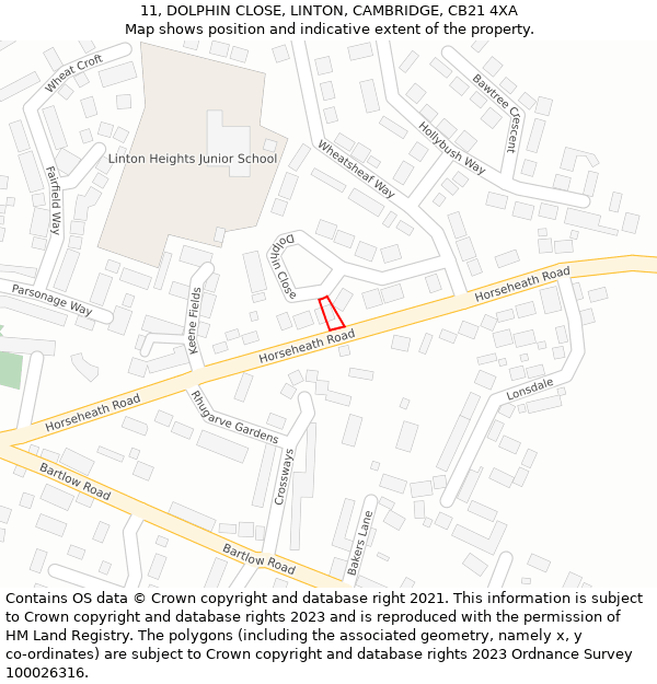 11, DOLPHIN CLOSE, LINTON, CAMBRIDGE, CB21 4XA: Location map and indicative extent of plot