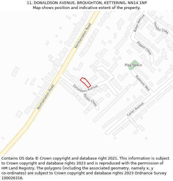 11, DONALDSON AVENUE, BROUGHTON, KETTERING, NN14 1NP: Location map and indicative extent of plot